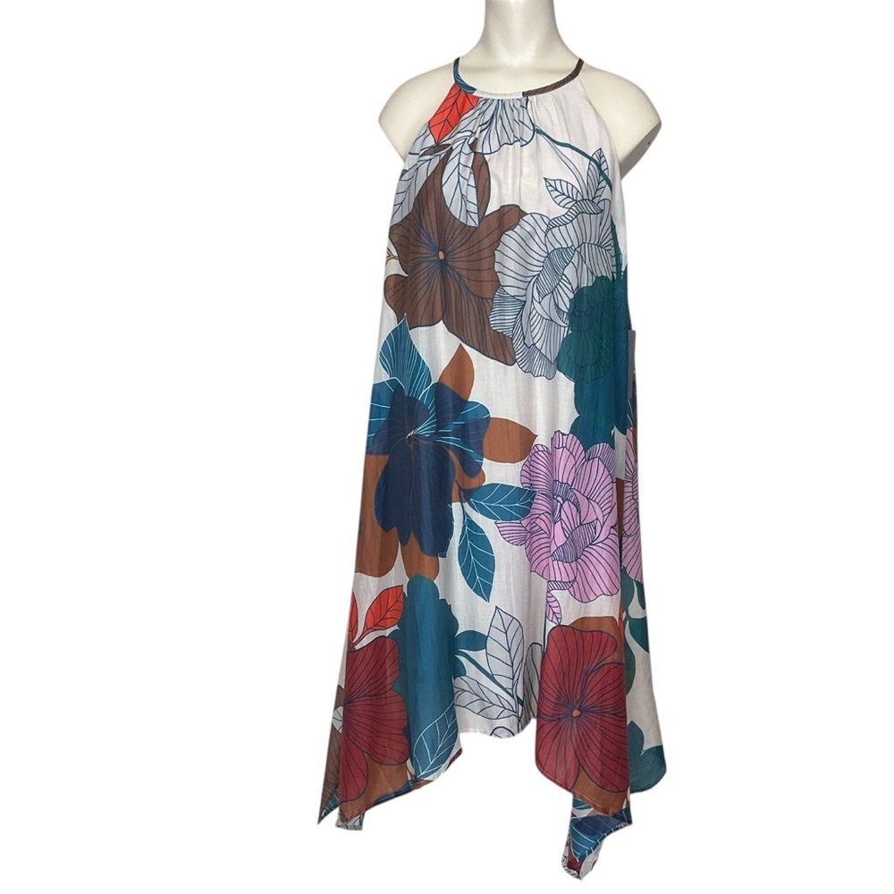 ANNIE & OTIS sz Small Asymmetrical Bold Floral Print Sleeveless Dress Warm Tones